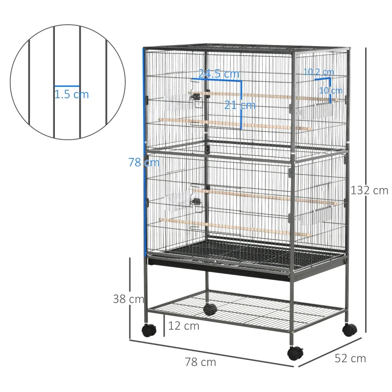 PawHut Cusca pentru Pasari de Interior din Otel si Lemn cu Tavă Detasabila, 4 Roți, Trepied si Recipient pentru Alimente, 78x52x132cm, Gri Inchis