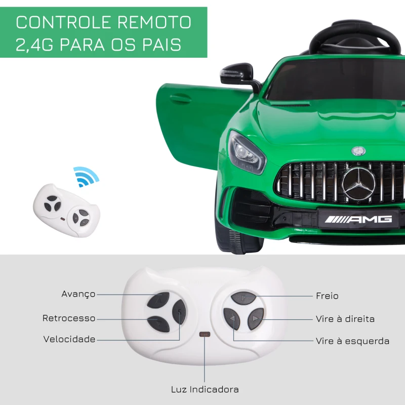 HOMCOM Carro elétrico para crianças de 3-5 anos licenciado de Mercedes GTR bateria de 12V com controle remoto Faróis musica Carga 25kg 105x58x45 cm Verde