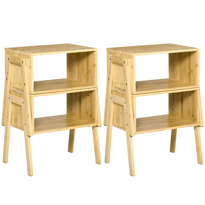 HOMCOM Set 2 noptiere Masute de cafea, Design Deschis  si Stivuibil din Bambus pentru Dormitor si Living, 43x32,5x42cm, Culoare Naturala