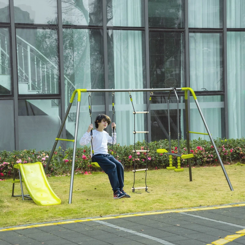 Set Leagane de Gradina Outsunny pentru 5 Copii 3-10 ani, 1 Leagan Dublu si 1 Leagan Simplu, Otel si PE, 295x137x175cm