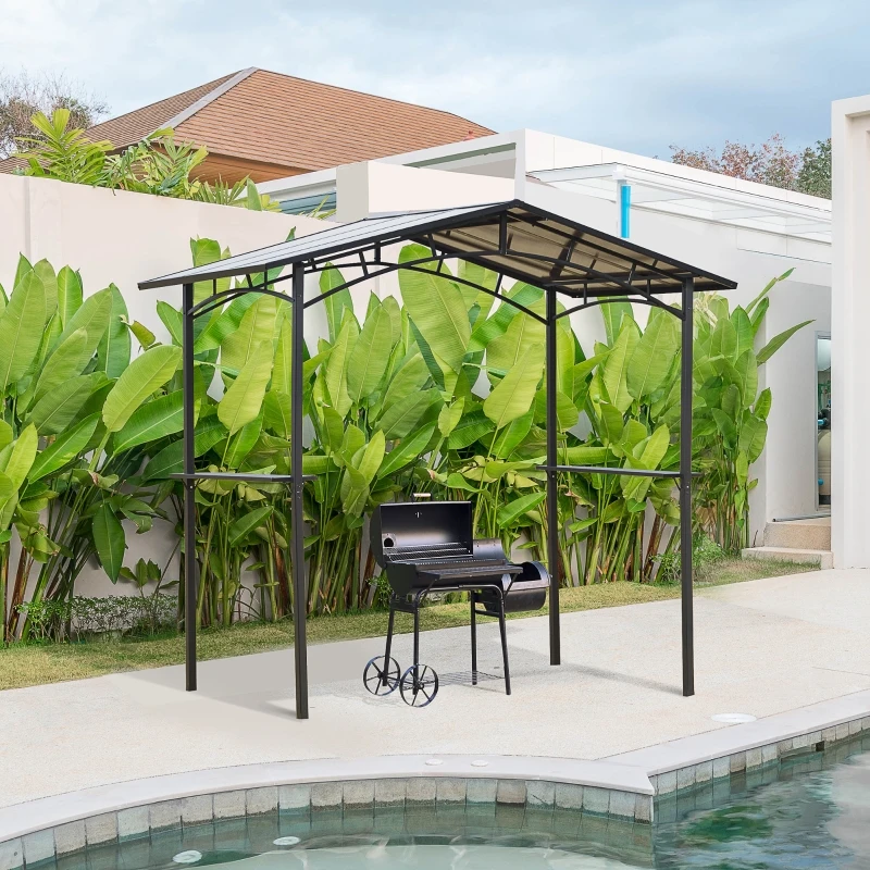 Outsunny Foișor de Grădină cu Acoperiș din PC și Rafturi Laterale, Structură din Aluminiu și Metal, 246x149x230 cm, Negru(m-10)