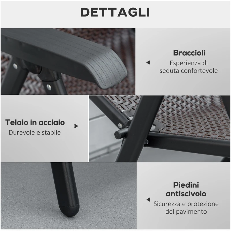 Outsunny Set Scaune de Gradina 2 Piese din Ratan PE si Otel, Scaune Pliante pentru Exterior cu Spatar Reglabil in 7 Pozitii, Rosu si Negru