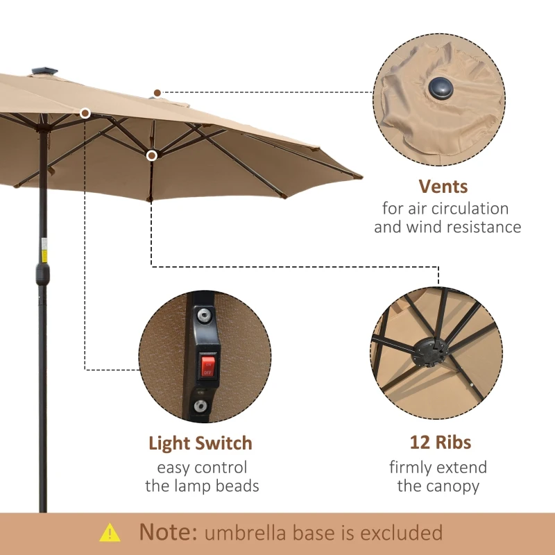 Outsunny Umbrela de soare de Gradina 4,5 m cu 48 de Lumini LED cu Energie Solara, Umbrala de Soare Dublă cu Manivela, Kaki