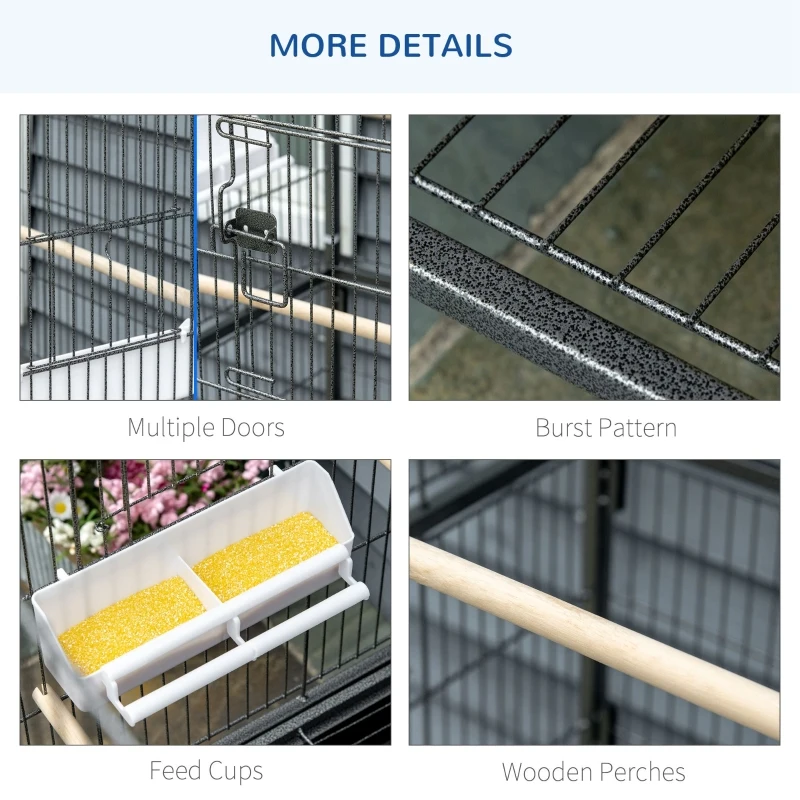 PawHut Cusca pentru Pasari de Interior din Otel si Lemn cu Tavă Detasabila, 4 Roți, Trepied si Recipient pentru Alimente, 78x52x132cm, Gri Inchis