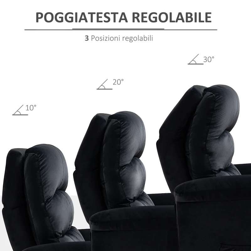 HOMCOM Fotoliu Recliner pana la 155 ° cu Tetiera si Suport pentru picioare, Fotoliu Relax din Tesatura Catifelata si Otel cu Buzunar Lateral, Negru