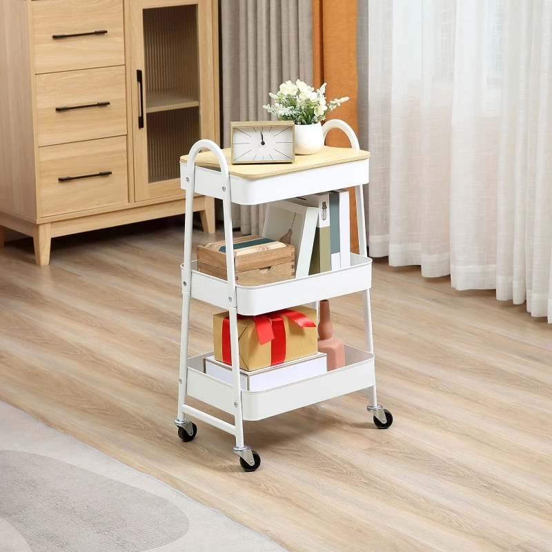 HOMCOM Kitchen Cart Metal Rolling Cart 3 Tiers Metal with Large Storage Space and Top for Kitchen and Office Storage Cart Serving Cart Kitchen Shelf with Wheels Steel White 45 x 31 x 79.4 cm