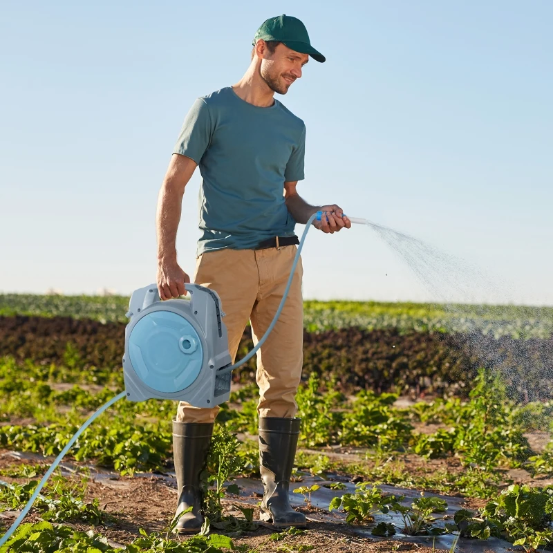 Outsunny Retractable Garden Hose Reel with 10m + 10m Hose and Simple Manual Rewind, Compact and Lightweight