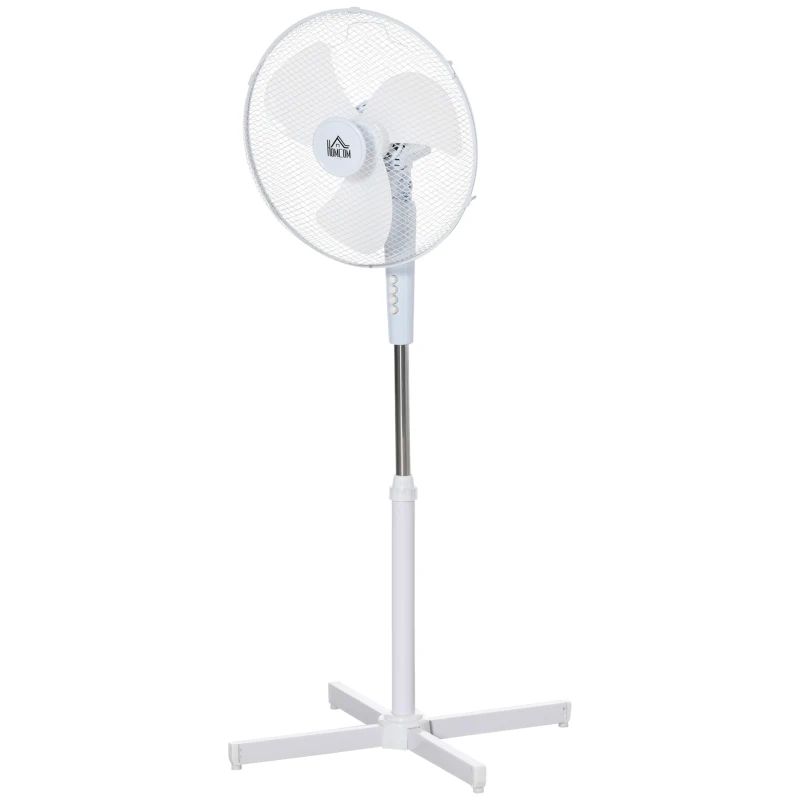 HOMCOM Ventilator de Podea cu 3 Viteze, Înălțime Reglabilă și Unghi de Înclinare de 80°, 60x60x90-120 cm, Alb