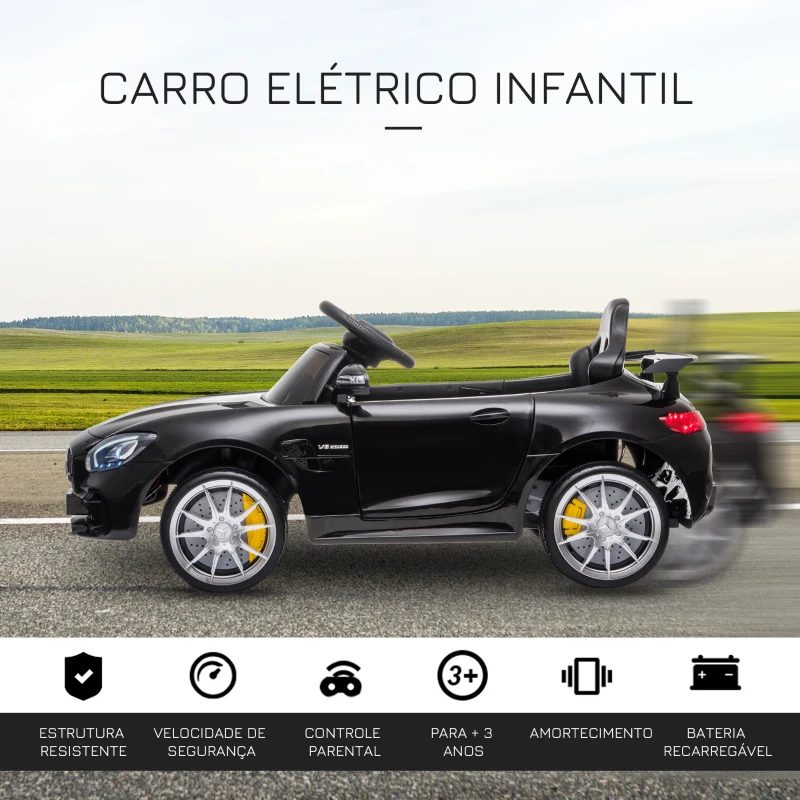 HOMCOM Carro elétrico para crianças de 3-5 anos Mercedes GTR licenciado Bateria 12V com controle remoto Música Faróis Porta dupla de abertura Carga 25kg 105x58x45 cm Preto