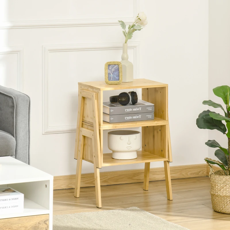 HOMCOM Set 2 noptiere Masute de cafea, Design Deschis  si Stivuibil din Bambus pentru Dormitor si Living, 43x32,5x42cm, Culoare Naturala