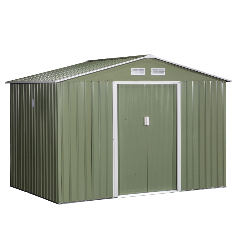 Outsunny Abrigo de Jardim Exterior Abrigo e Jardim Metálico para Armazenamento de Ferramentas com Base Incluída e 4 Janelas 5,2 m² 277x195x192cm Verde Claro
