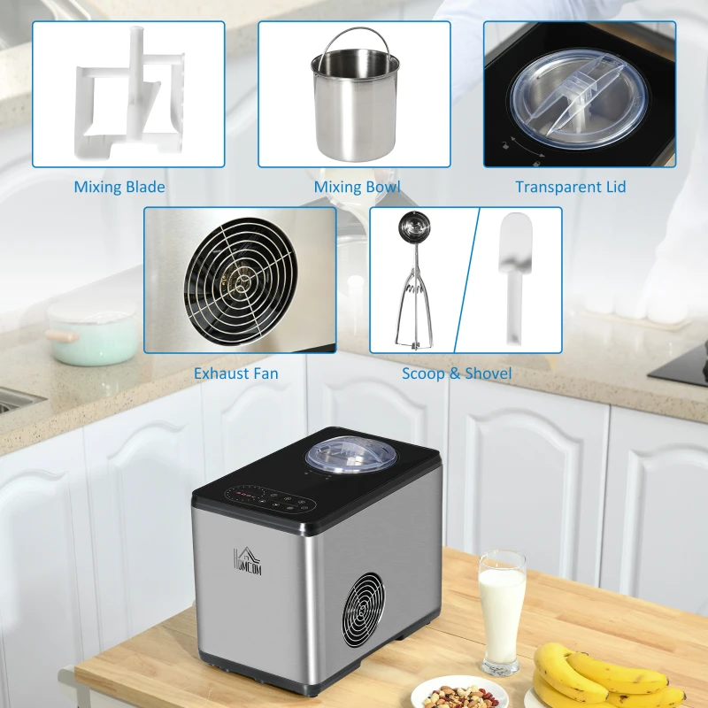 HOMCOM  Aparat de Inghetata de 1,5L din Otel Inoxidabil, 38,4x24x32cm, Argintiu si Negru