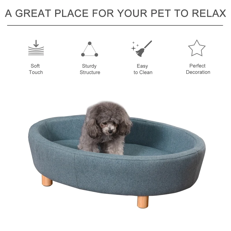PawHut Dog Sofa Oval Shape Pet Bed, Cat Chair Couch with Sponge Padded Cushion, Washable Cover, Wooden Legs for Small and Medium Dogs - Light Blue