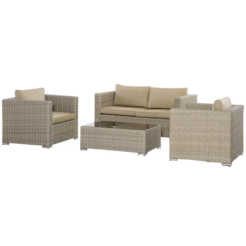 Outsunny Set Mobila de Gradina 4 Piese din Ratan PE, Salon de Exterior cu 1 Canapea, 2 Fotolii, 1 Masuta si  Perne Detasabile si Lavabile, Kaki si Bej