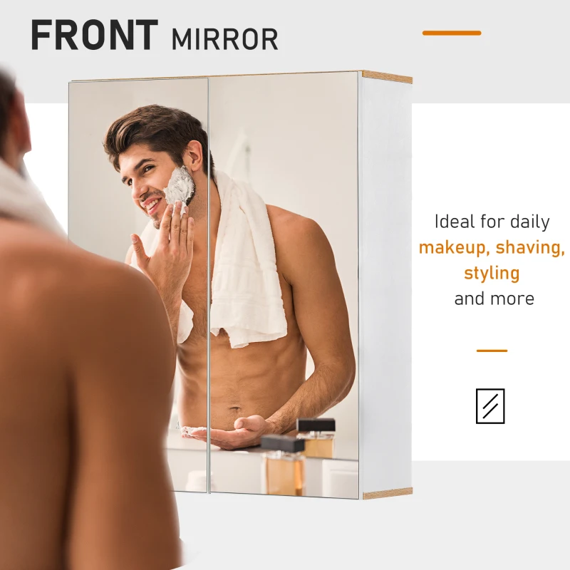 kleankin Bathroom Mirror Cabinet Wall Mounted Storage Cupboard with Double Door and Adjustable Shelves, White