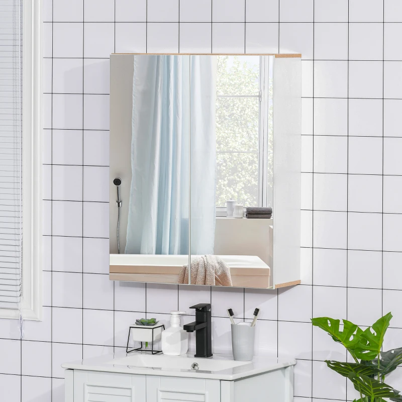 kleankin Bathroom Mirror Cabinet Wall Mounted Storage Cupboard with Double Door and Adjustable Shelves, White