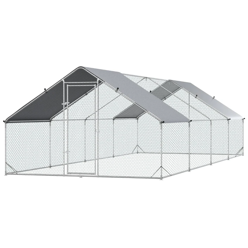 PawHut Coteț de Găini cu Cadru Zincat și Plasă Hexagonală, Țarc cu Acoperiș Impermeabil pentru Găini, Rațe și Iepuri, 3x8x2 m(m-11)