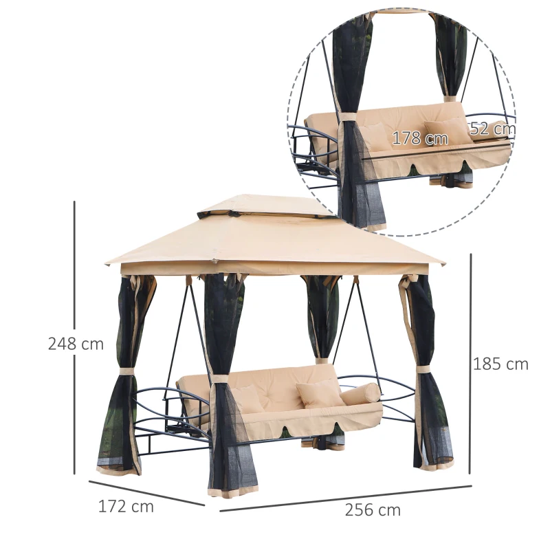 Outsunny Balansoar 3 Locuri Copertina tip Foisor cu Plasa de Tantari si Perne, Bej 256x172x248cm(m-3)