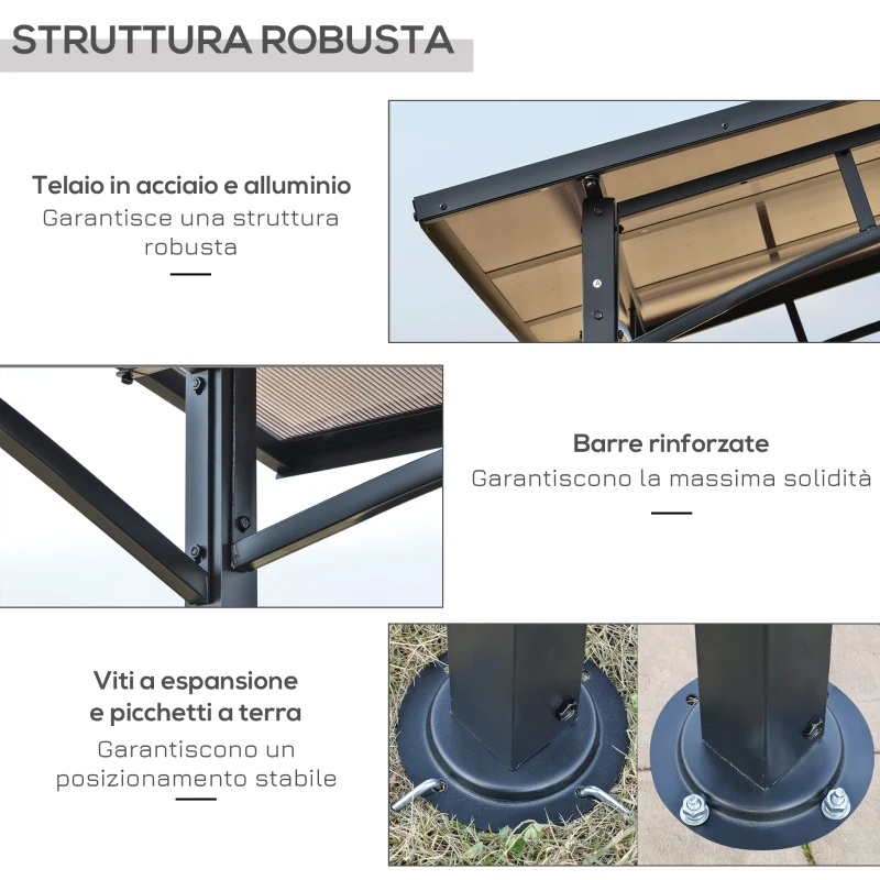 Outsunny Foișor de Grădină cu Acoperiș din PC și Rafturi Laterale, Structură din Aluminiu și Metal, 246x149x230 cm, Negru(m-7)