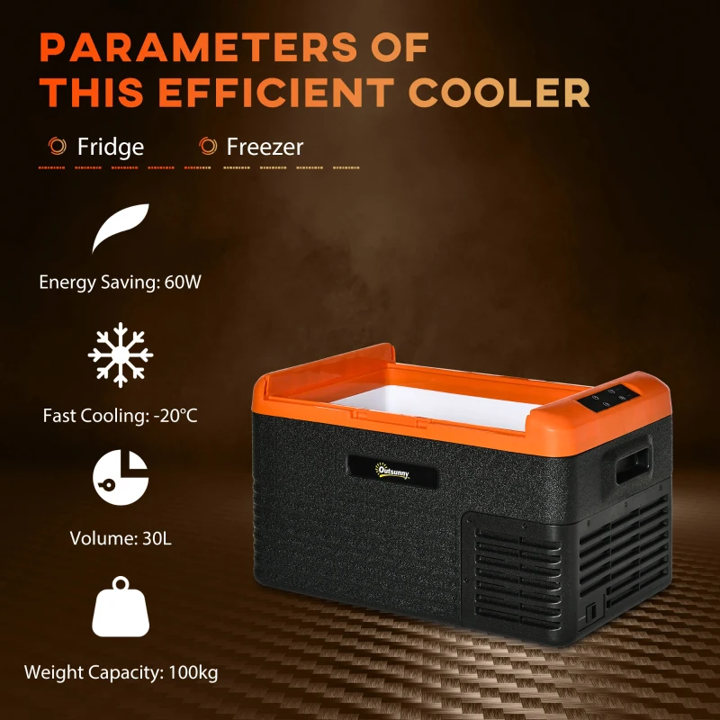 Outsunny Frigider portabil de 30L, Compresor si Manere Portabile Incluse, 58,7x36,5x36,8cm, Portocaliu si Negru