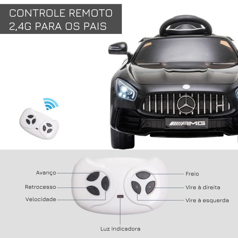 HOMCOM Carro elétrico para crianças de 3-5 anos Mercedes GTR licenciado Bateria 12V com controle remoto Música Faróis Porta dupla de abertura Carga 25kg 105x58x45 cm Preto