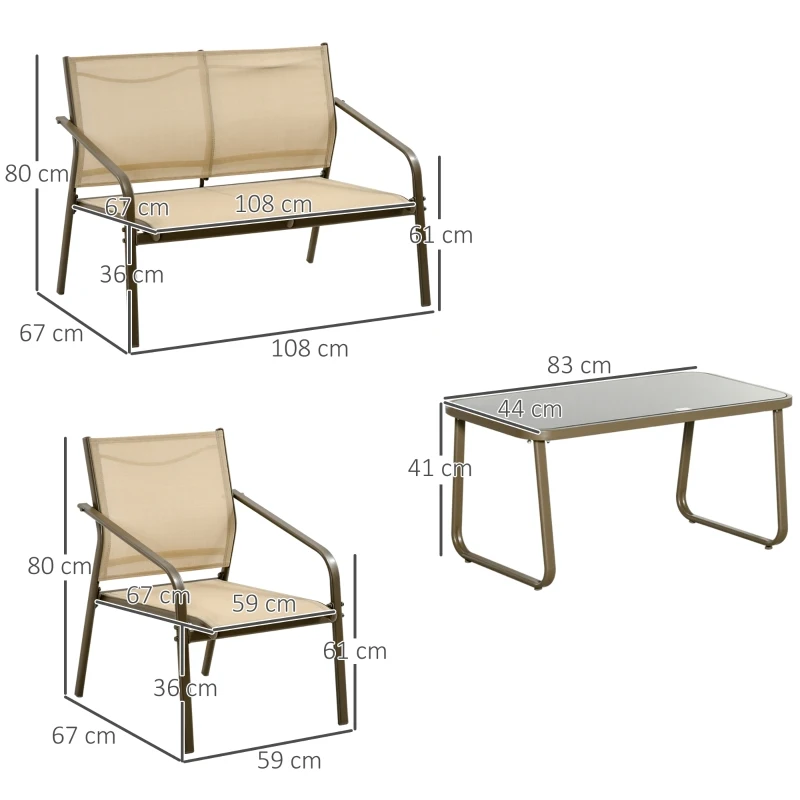 Set Mobilier de Gradina din 4 piese Outsunny, Salon in aer liber cu 2 Scaune, 1 Canapea si 1 Masuta de Cafea din Metal si Texteline, Kaki