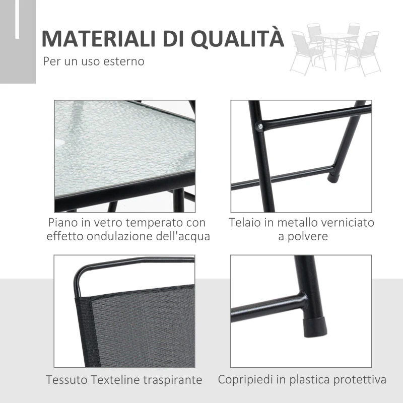 Outsunny Set Mobilier de Gradina 5 Piese din Metal, Salon de gradina cu 4 Scaune Pliabile si Masa cu orificiu pentru Umbrela, Negru