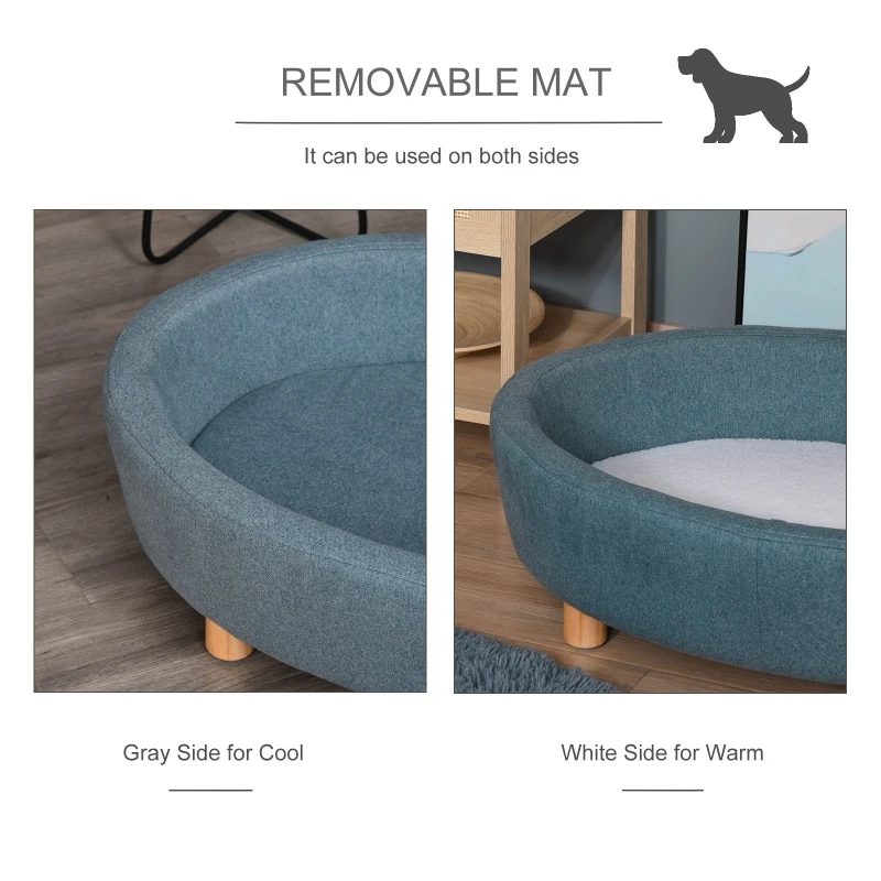 PawHut Dog Sofa Oval Shape Pet Bed, Cat Chair Couch with Sponge Padded Cushion, Washable Cover, Wooden Legs for Small and Medium Dogs - Light Blue
