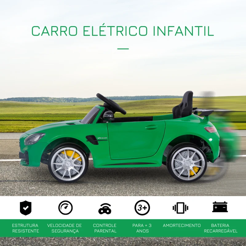 HOMCOM Carro elétrico para crianças de 3-5 anos licenciado de Mercedes GTR bateria de 12V com controle remoto Faróis musica Carga 25kg 105x58x45 cm Verde