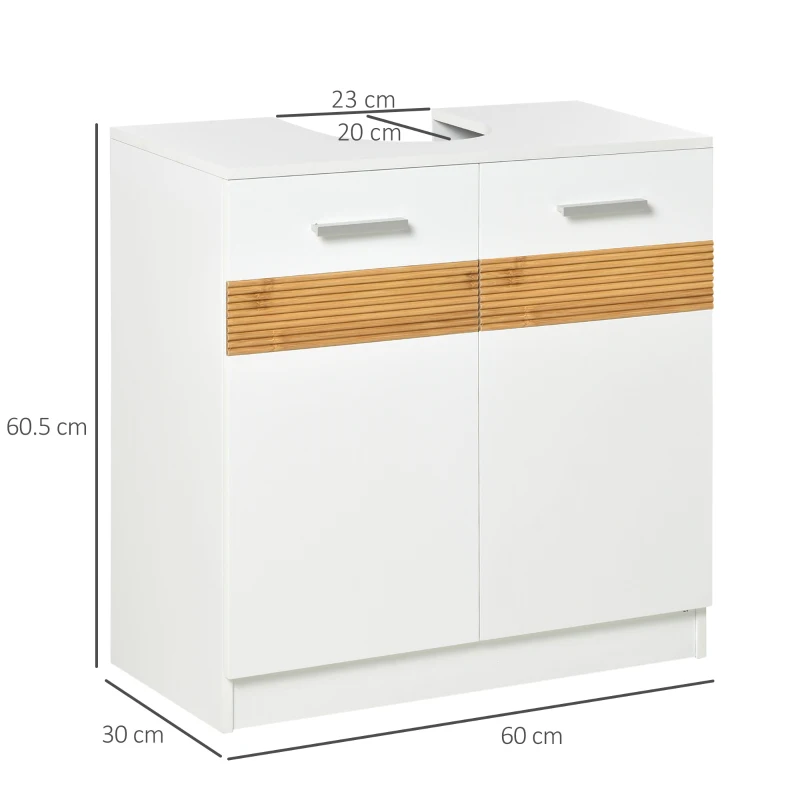 Kleankin Mobilier Sub Chiuveta Baie, Mobilier Baie Sub Chiuveta cu Usi din MDF si Bambus, 60x30x60,5cm, Alb