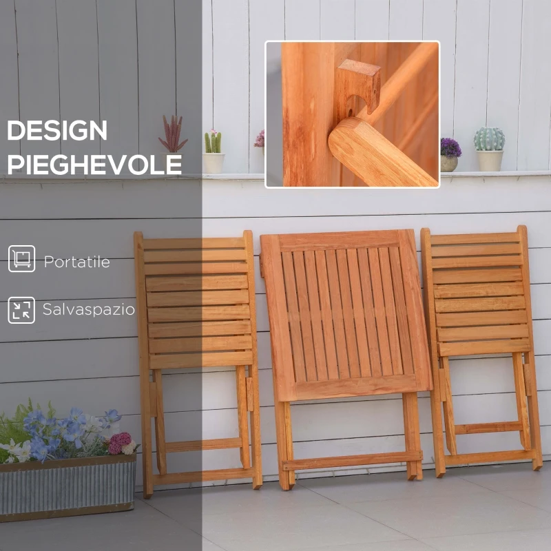 Outsunny Set 3 Piese Masa si Scaune de Gradina Pliabile din Lemn pentru Exterior