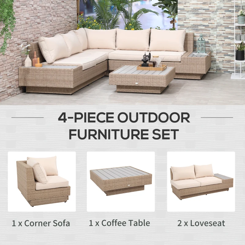 Outsunny Set Living de Gradina din Rattan, 4 Piese, Coltar pentru Exterior cu Perne, Masute Laterale si Masuta de Cafea, Maro Deschis