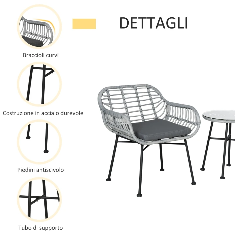 Outsunny Set Mobilier de Gradina din Ratan PE de 3 Piese, Salon in Aer Liber cu 2 Scaune si Masa cu Blat de Sticla pentru Terasa si Bistrò, Gri