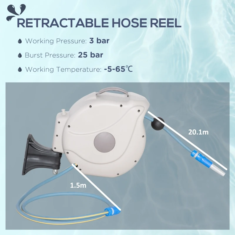 Outsunny Retractable Hose Reel w/ Any Length Lock, Auto Rewind Slow Return System and 180° Swivel Wall Mounted Bracket, 46 x 21 x 40cm