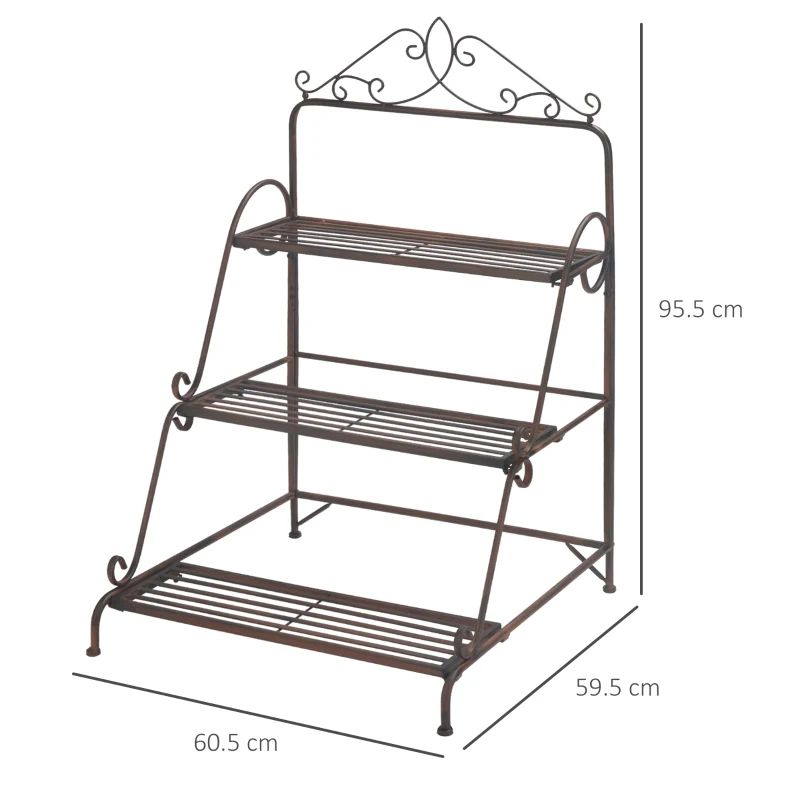 Jardiniera de Exterior Outsunny cu 3 Niveluri pentru Ornamente, Raft pentru Plante de Gradina din Metal, 60,5x59,5x95,5cm, Maro