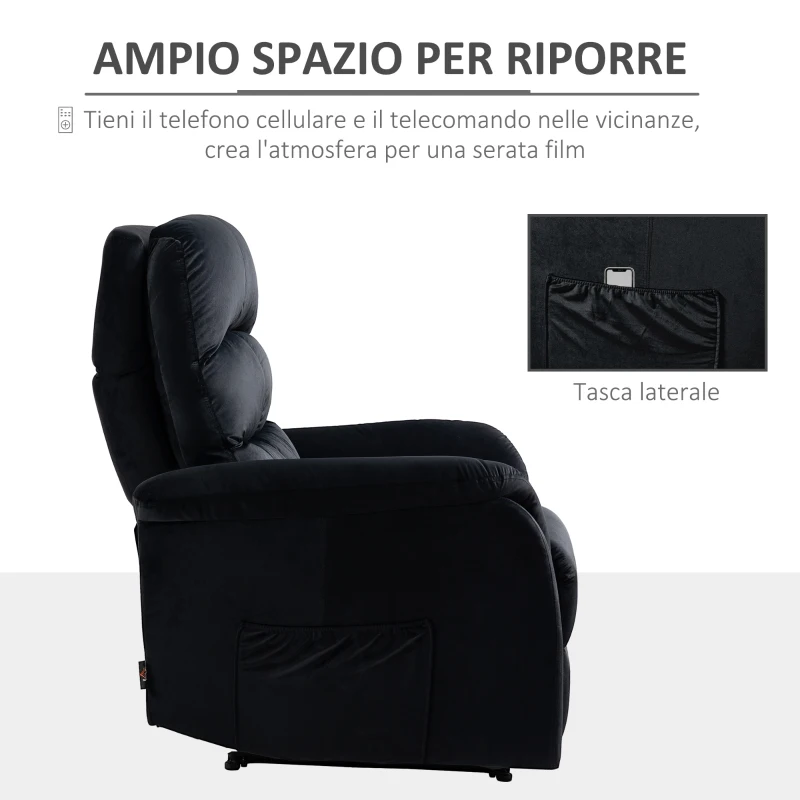 HOMCOM Fotoliu Recliner pana la 155 ° cu Tetiera si Suport pentru picioare, Fotoliu Relax din Tesatura Catifelata si Otel cu Buzunar Lateral, Negru