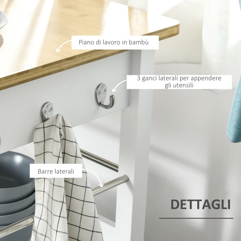 Homcom Carucior Bucatarie Mobil Alb Bambus cu Sertar & Raft