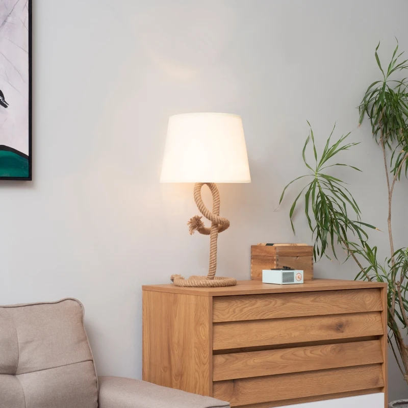 Lampa stołowa HOMCOM z podstawą sznurkową żarówka LED E27 lampa na stół lampka nocna tkanina terylenowa metal sznurek kolor beżowy + brązowy Ø32 x 63 cm