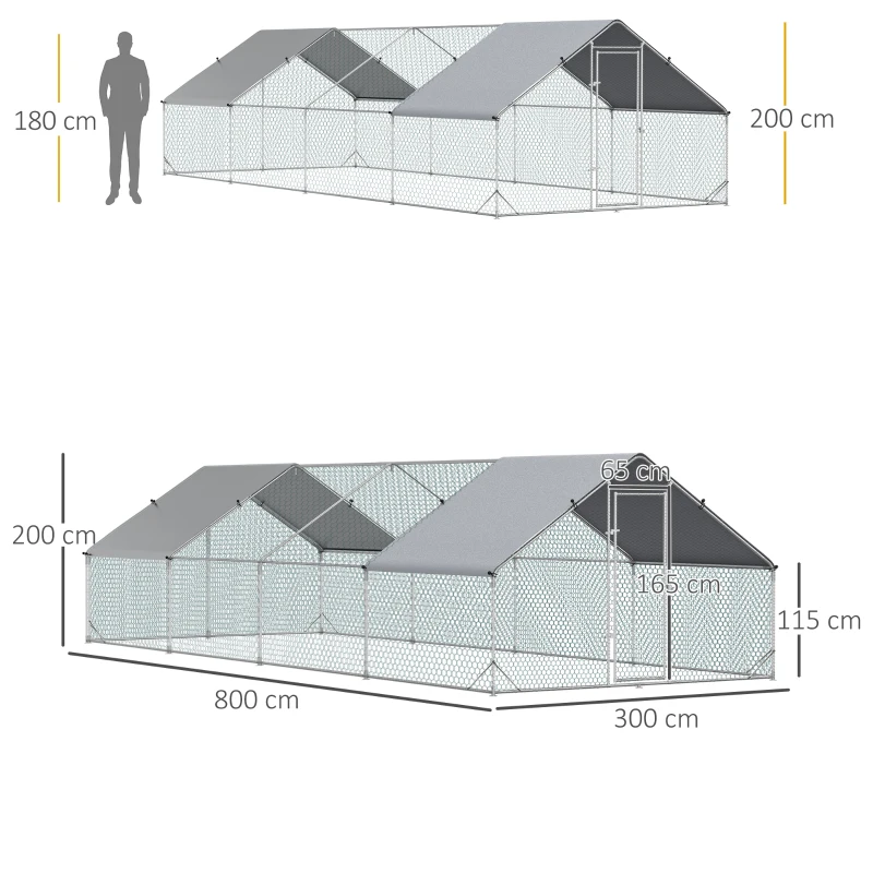 PawHut Coteț de Găini cu Cadru Zincat și Plasă Hexagonală, Țarc cu Acoperiș Impermeabil pentru Găini, Rațe și Iepuri, 3x8x2 m(m-3)