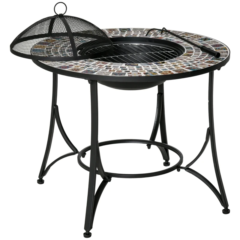 Brazier in aer liber Outsunny 3 in 1 Masuta de Gradina si Gratar pentru Barbecue din Metal si Ceramica, cu Vatrai, 75x75x60cm