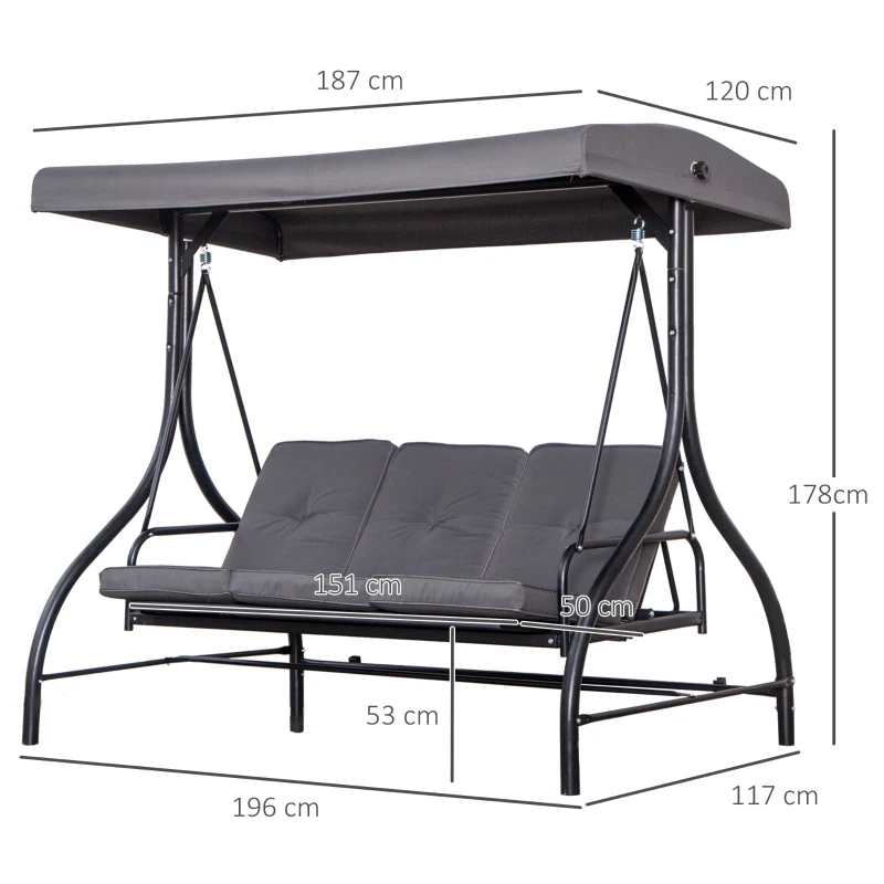 Outsunny Balansoar de Gradina 3 Locuri, Balansoar Pat pentru Exterior cu Baldachin Reglabil, din Otel si Poliester 200x125x170cm Gri