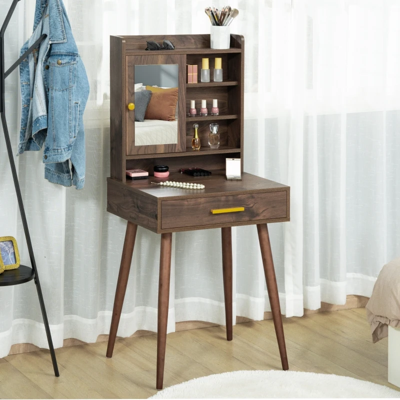 HOMCOM Masa de Toaleta din Lemn cu Oglinda, Sertar si 4 Rafturi care Economisesc Spatiu, 60x45x134cm, Culoarea nucului
