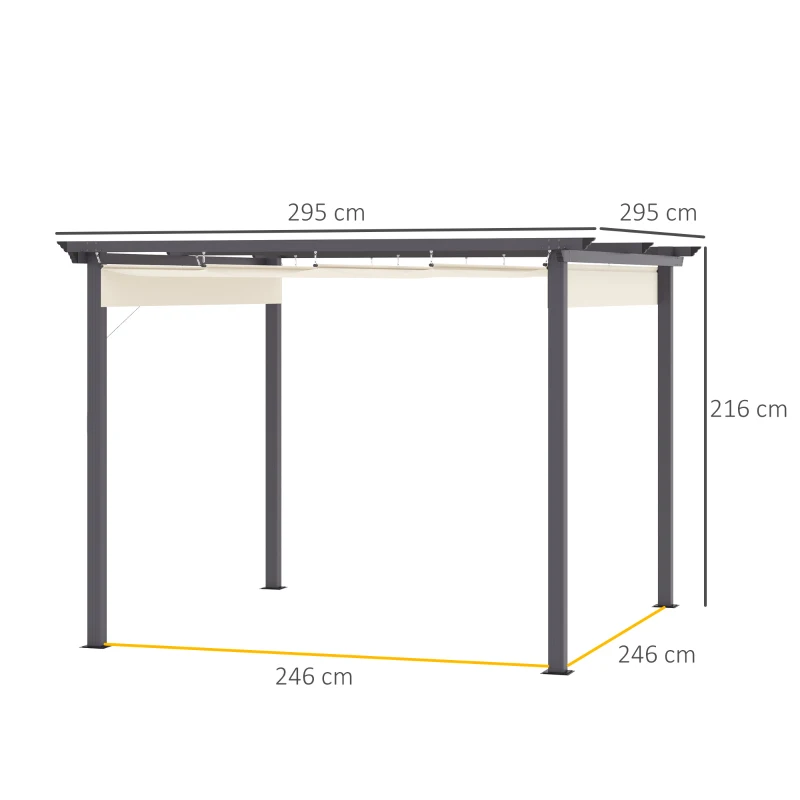 Outsunny Foișor de Grădină cu Copertină Retractabilă, Pergolă de Exterior cu Structură din Aluminiu, 2.95x2.95x2.16 m, Alb Crem