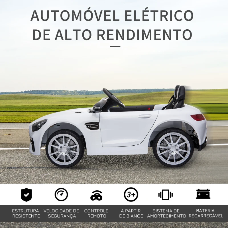 HOMCOM Mercedes AMG Carro Elétrico para crianças de 3-6 anos com Controle Remoto Bateria 12V 4.5AH Carga 40kg 114,5x78x47,5cm branco