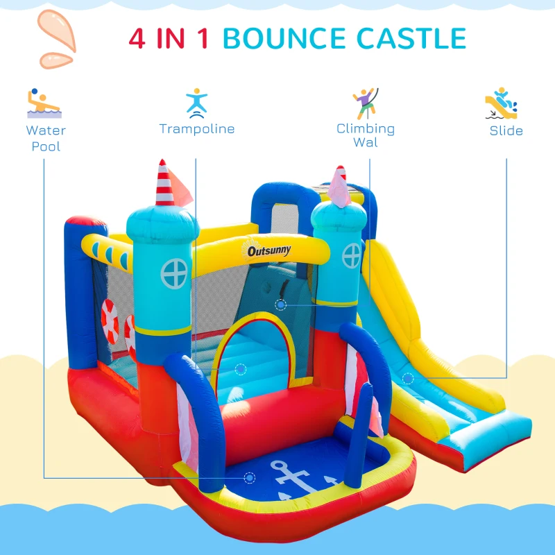 Outsunny Castel Gonflabil 4 in 1 pentru Copii de la 3 la 8 ani cu Tobogan, Trambulina, Piscina si Pompa inclusa, 265x260x200cm
