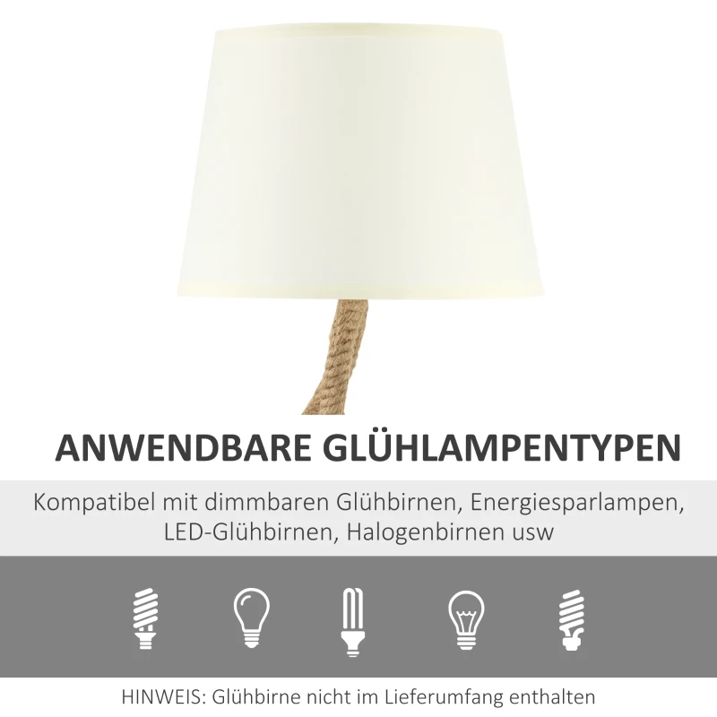 Lampa stołowa HOMCOM z podstawą sznurkową żarówka LED E27 lampa na stół lampka nocna tkanina terylenowa metal sznurek kolor beżowy + brązowy Ø32 x 63 cm