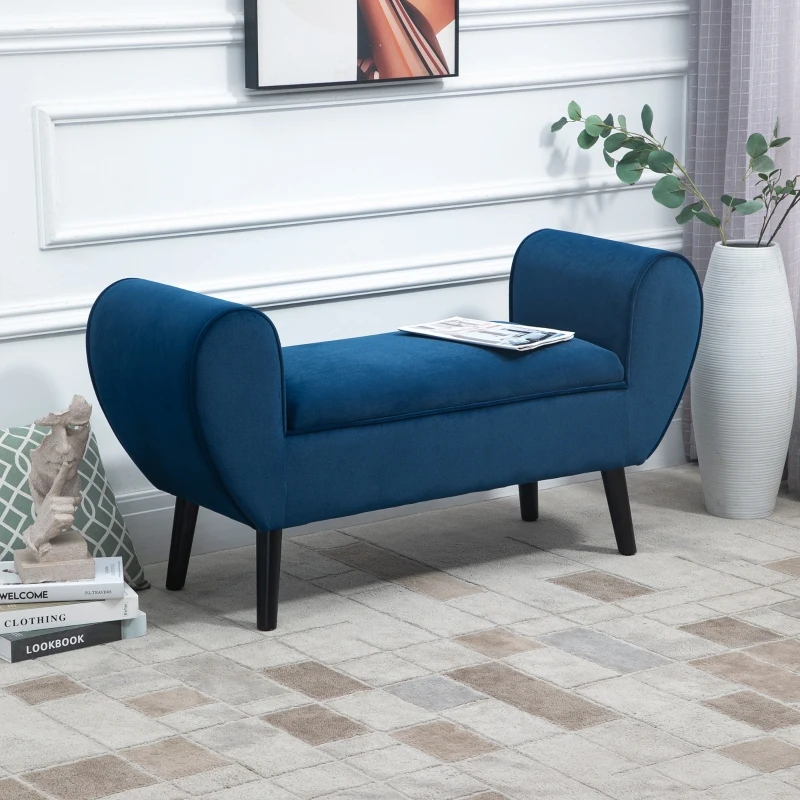 HOMCOM Banca Depozitare Capitonata pentru Dormitor si Hol, Banca Capatul patului din Tesatura Catifelata cu Cotiere, 118x42x66cm, Albastru inchis(m-10)