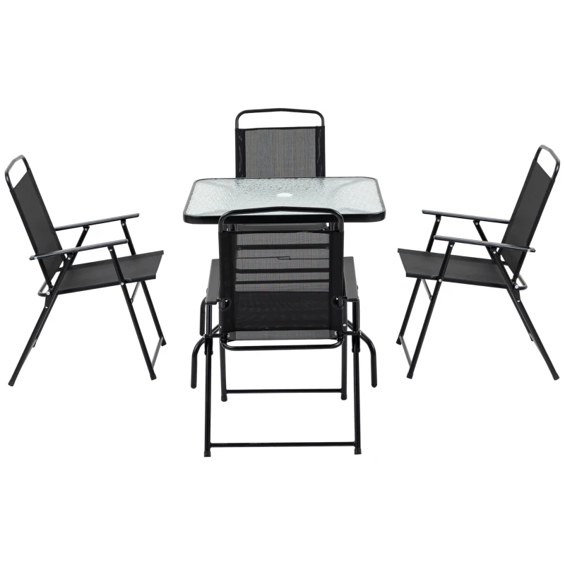 Outsunny Set Mobilier de Gradina 5 Piese din Metal, Salon de gradina cu 4 Scaune Pliabile si Masa cu orificiu pentru Umbrela, Negru