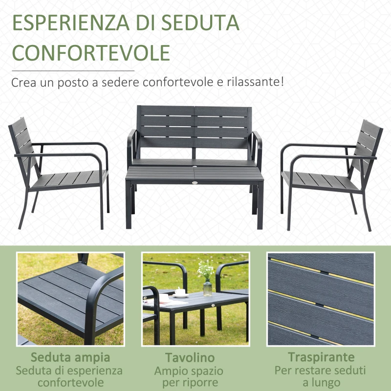 Set Mobilier de Gradina din 4 piese Outsunny, Cadru Negru și Lamele din Plastic Gri Inchis cu Efect de Lemn, Cafea