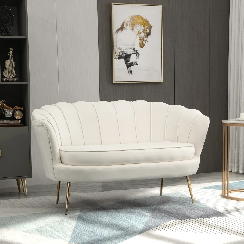 Homcom Canapea Vintage 130×77×77 cm – 2 Locuri, Catifea Crem, Stil Chic(m-10)